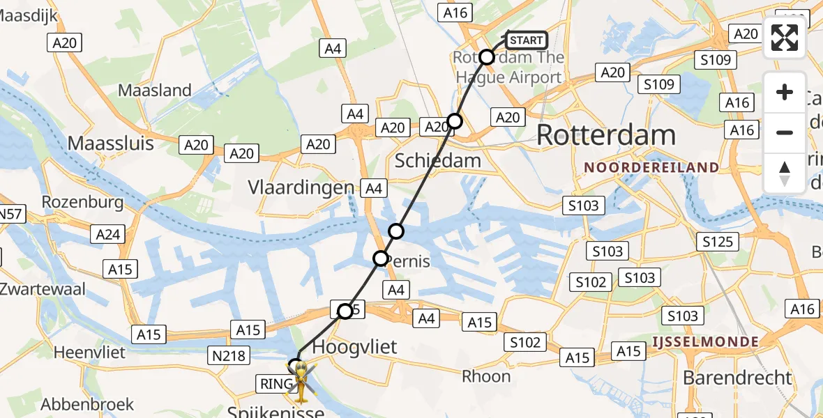 Vluchtroute Traumahelikopter Rotterdam The Hague Airport - Spijkenisse, 29 mei 2026, 22:27