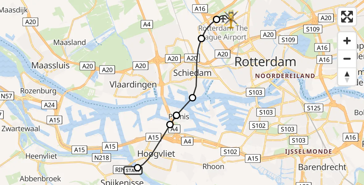 Vluchtroute Traumahelikopter Spijkenisse - Rotterdam The Hague Airport, 29 mei 2026, 22:36
