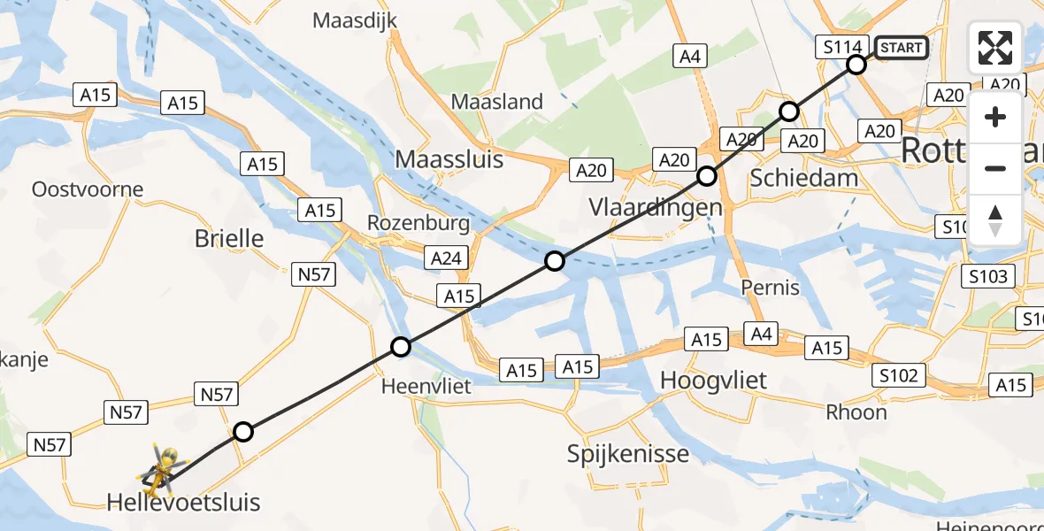 Vluchtroute Traumahelikopter Rotterdam The Hague Airport - Hellevoetsluis, 30 mei 2026, 08:16