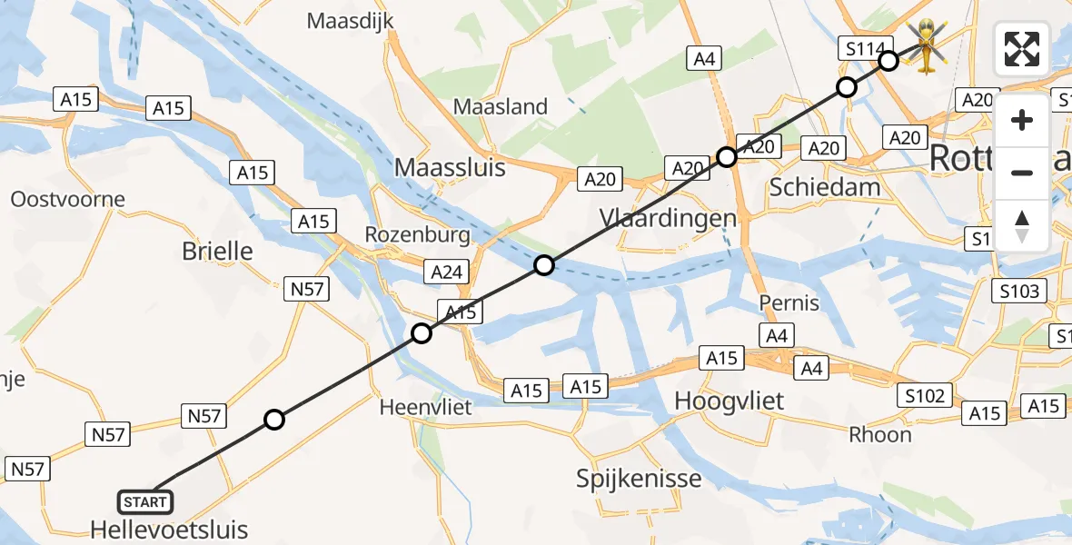 Vluchtroute Traumahelikopter Hellevoetsluis - Rotterdam The Hague Airport, 30 mei 2026, 08:34