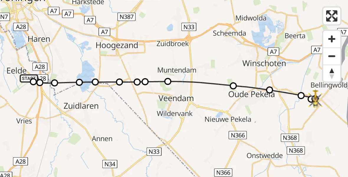 Vluchtroute Traumahelikopter Groningen Airport Eelde - Bellingwolde, 30 mei 2026, 11:21