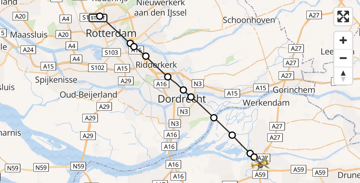 Vluchtroute Traumahelikopter Rotterdam The Hague Airport - Raamsdonksveer, 30 mei 2026, 12:16