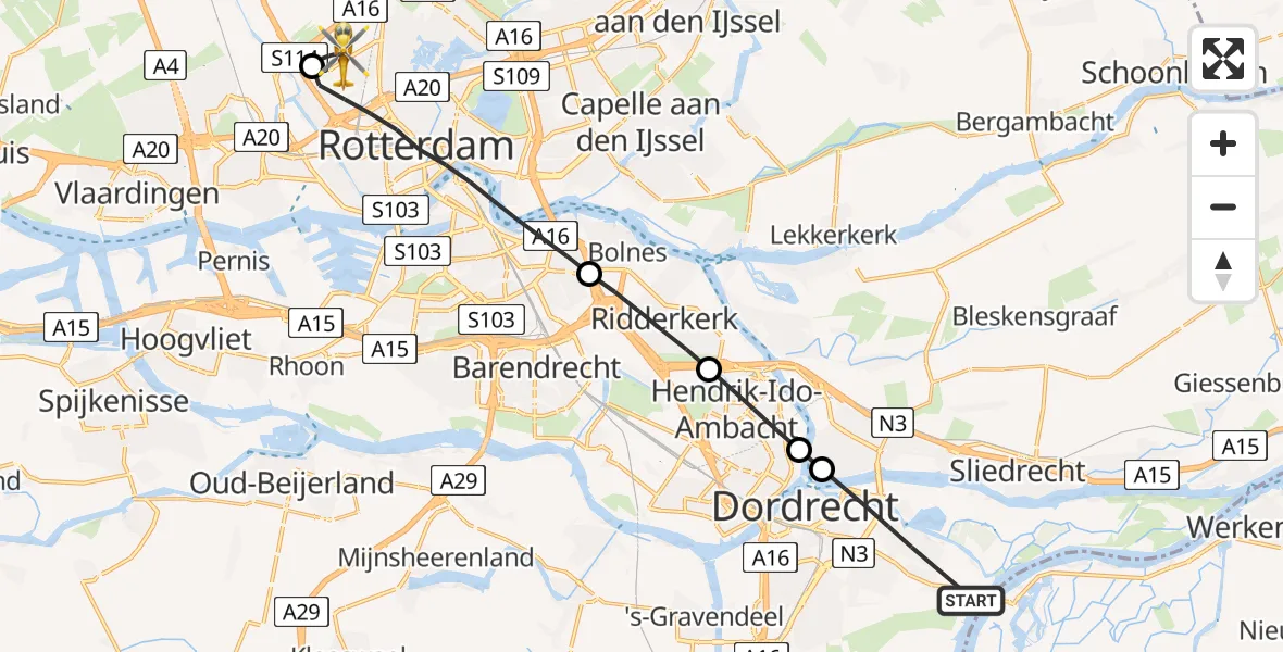 Vluchtroute Traumahelikopter Dordrecht - Rotterdam The Hague Airport, 30 mei 2026, 12:59