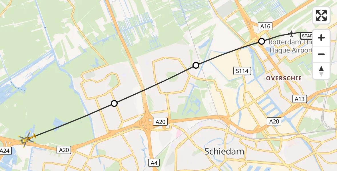 Vluchtroute Traumahelikopter Rotterdam The Hague Airport - Vlaardingen, 30 mei 2026, 14:11