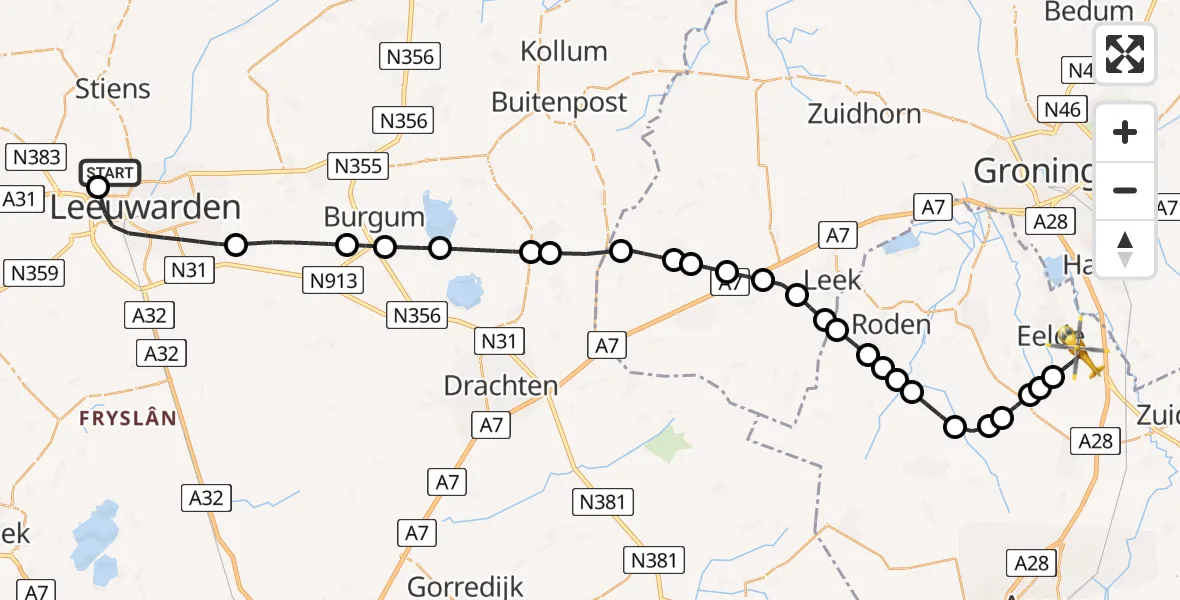 Vluchtroute Traumahelikopter Vliegbasis Leeuwarden - Groningen Airport Eelde, 30 mei 2026, 14:29