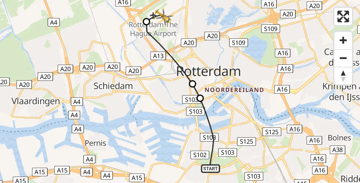 Vluchtroute Traumahelikopter Rotterdam - Rotterdam The Hague Airport, 30 mei 2026, 14:32