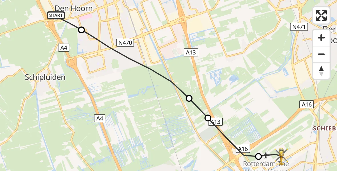 Vluchtroute Traumahelikopter Den Hoorn - Rotterdam The Hague Airport, 30 mei 2026, 15:44