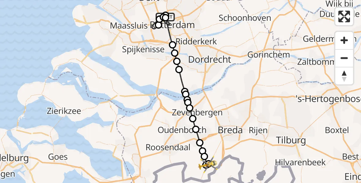 Vluchtroute Traumahelikopter Rotterdam The Hague Airport - Zundert, 30 mei 2026, 18:25