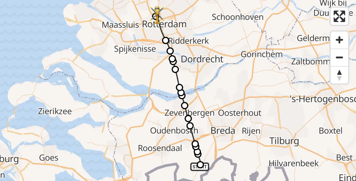 Vluchtroute Traumahelikopter Zundert - Rotterdam The Hague Airport, 30 mei 2026, 19:23