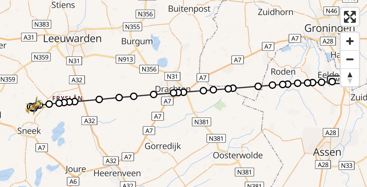 Vluchtroute Traumahelikopter Groningen Airport Eelde - Lytsewierrum, 30 mei 2026, 20:19