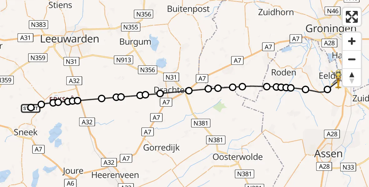 Vluchtroute Traumahelikopter Lytsewierrum - Groningen Airport Eelde, 30 mei 2026, 21:26