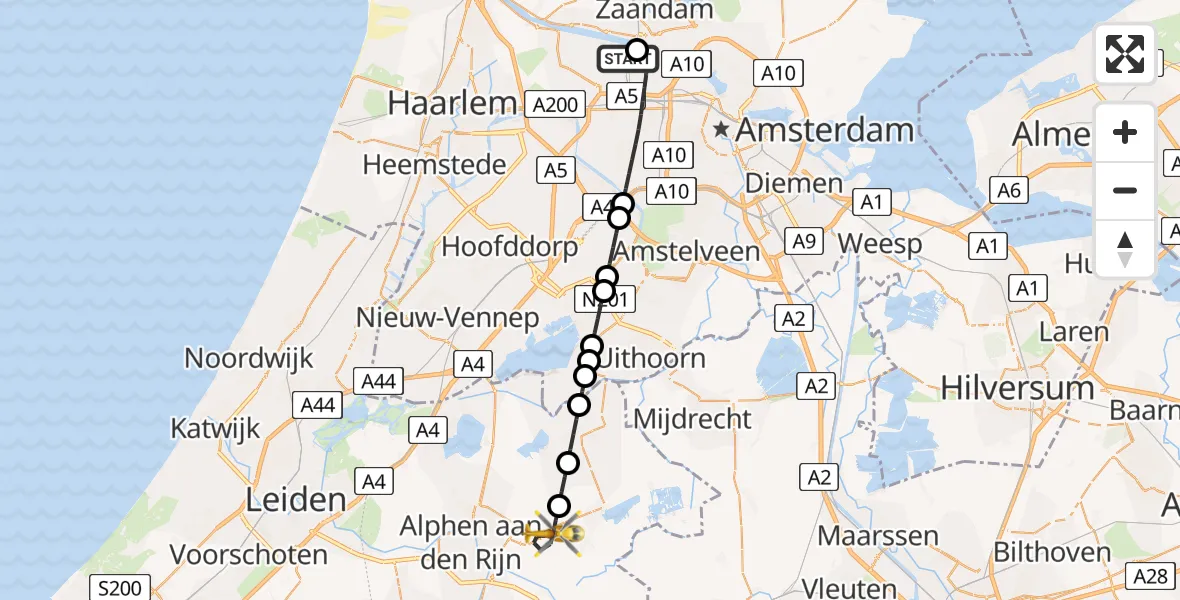 Vluchtroute Traumahelikopter Amsterdam Heliport - Aarlanderveen, 30 mei 2026, 22:58