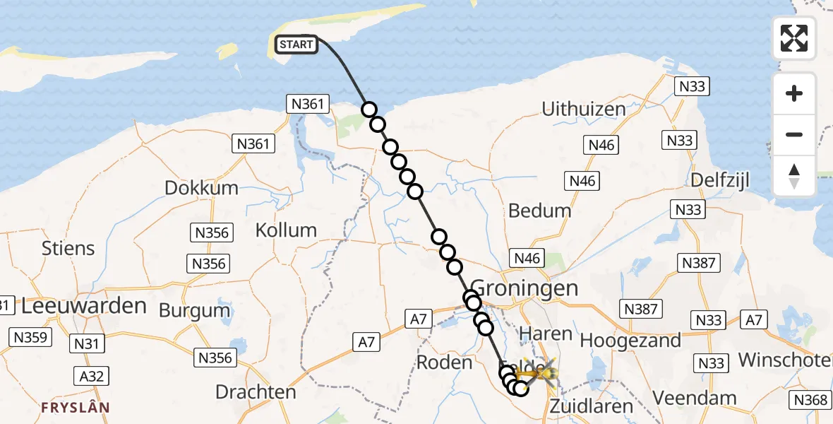Vluchtroute Ambulancehelikopter Noordzee - Groningen Airport Eelde, 30 mei 2026, 23:30