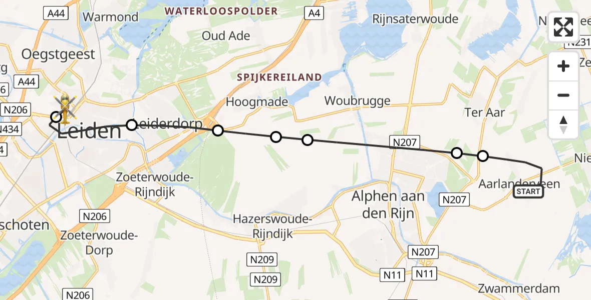 Vluchtroute Traumahelikopter Aarlanderveen - Leiden University Medical Center Heliport, 30 mei 2026, 23:38