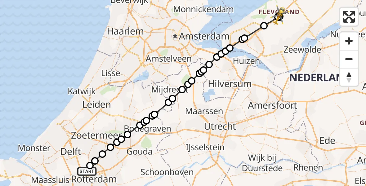 Vluchtroute Traumahelikopter Rotterdam The Hague Airport - Lelystad, 30 mei 2026, 23:52