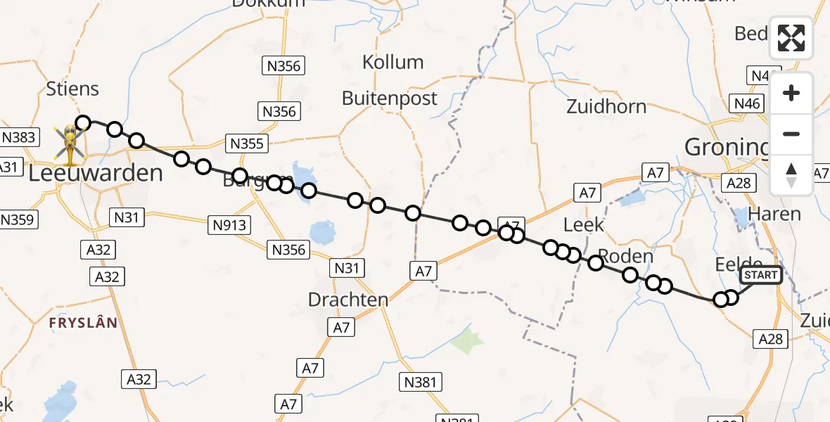 Vluchtroute Ambulancehelikopter Groningen Airport Eelde - Vliegbasis Leeuwarden, 31 mei 2026, 00:10