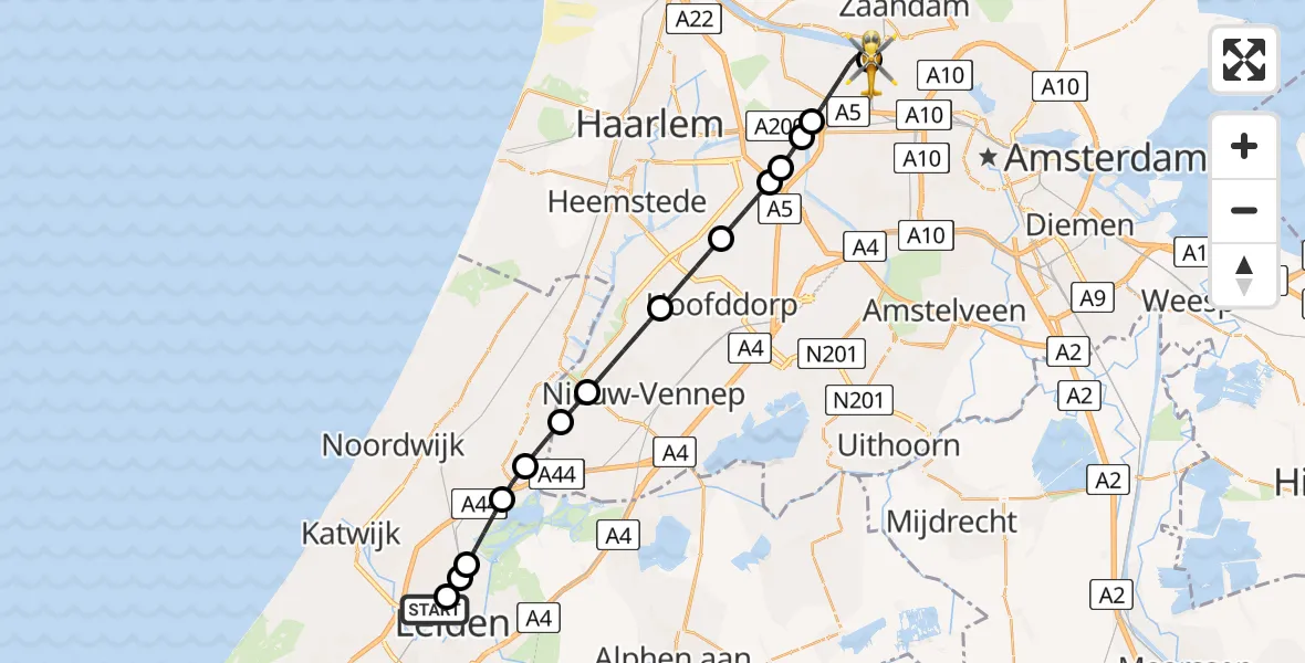 Vluchtroute Traumahelikopter Leiden University Medical Center Heliport - Amsterdam Heliport, 31 mei 2026, 00:11