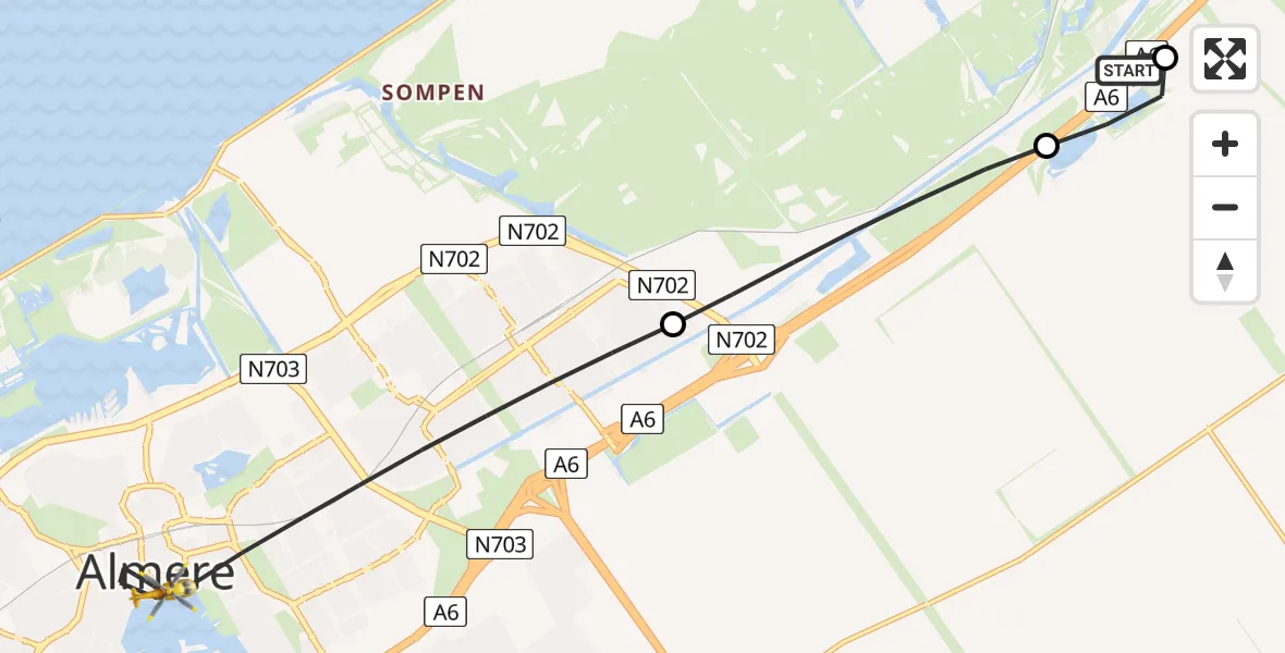 Vluchtroute Traumahelikopter Lelystad - Almere, 31 mei 2026, 00:35
