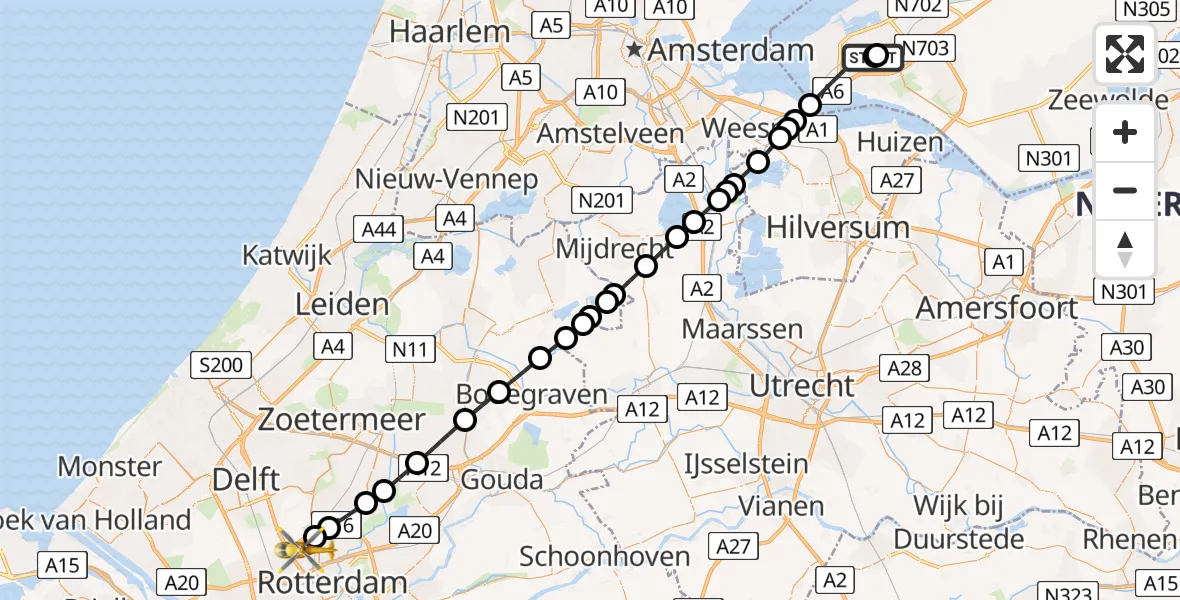 Vluchtroute Traumahelikopter Almere - Rotterdam The Hague Airport, 31 mei 2026, 00:58