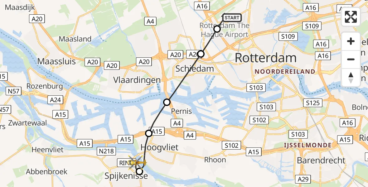 Vluchtroute Traumahelikopter Rotterdam The Hague Airport - Spijkenisse, 31 mei 2026, 02:02