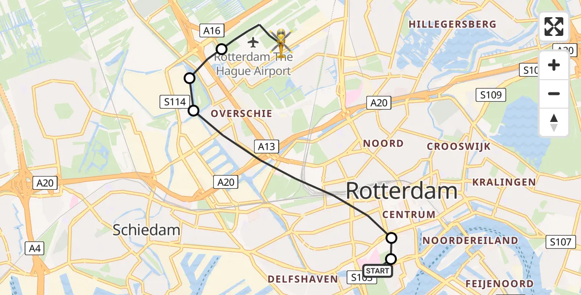 Vluchtroute Traumahelikopter Erasmus MC - Rotterdam The Hague Airport, 31 mei 2026, 02:56