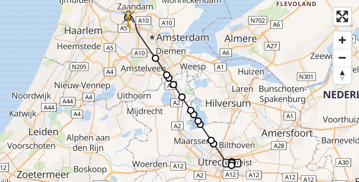 Vluchtroute Traumahelikopter University Medical Center Utrecht Heliport - Amsterdam Heliport, 31 mei 2026, 04:01