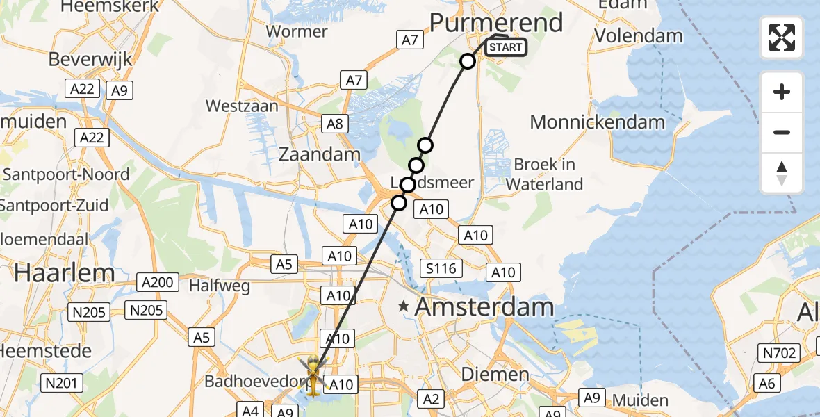 Vluchtroute Traumahelikopter Purmerend - Amsterdam, 31 mei 2026, 06:31