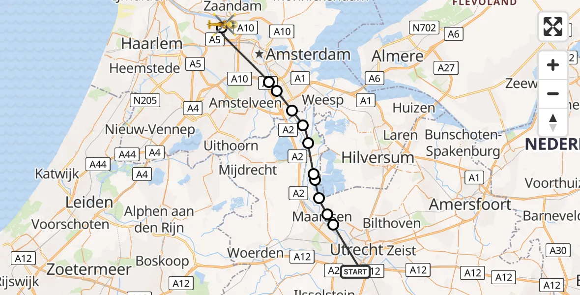 Vluchtroute Traumahelikopter Utrecht - Amsterdam Heliport, 31 mei 2026, 07:56