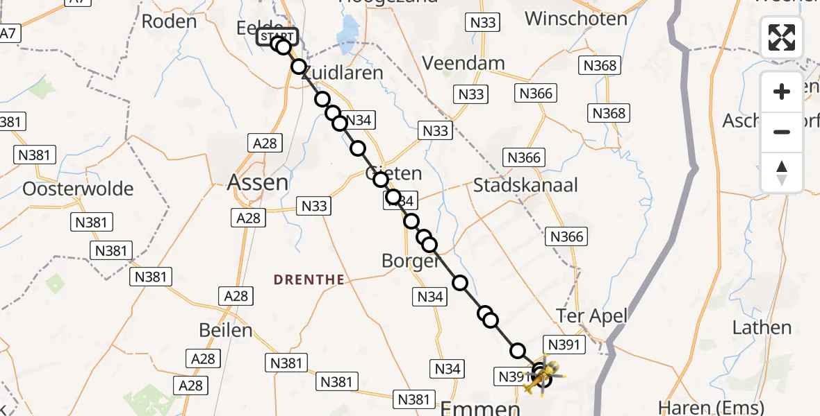 Vluchtroute Traumahelikopter Groningen Airport Eelde - Emmer-Compascuum, 31 mei 2026, 11:24