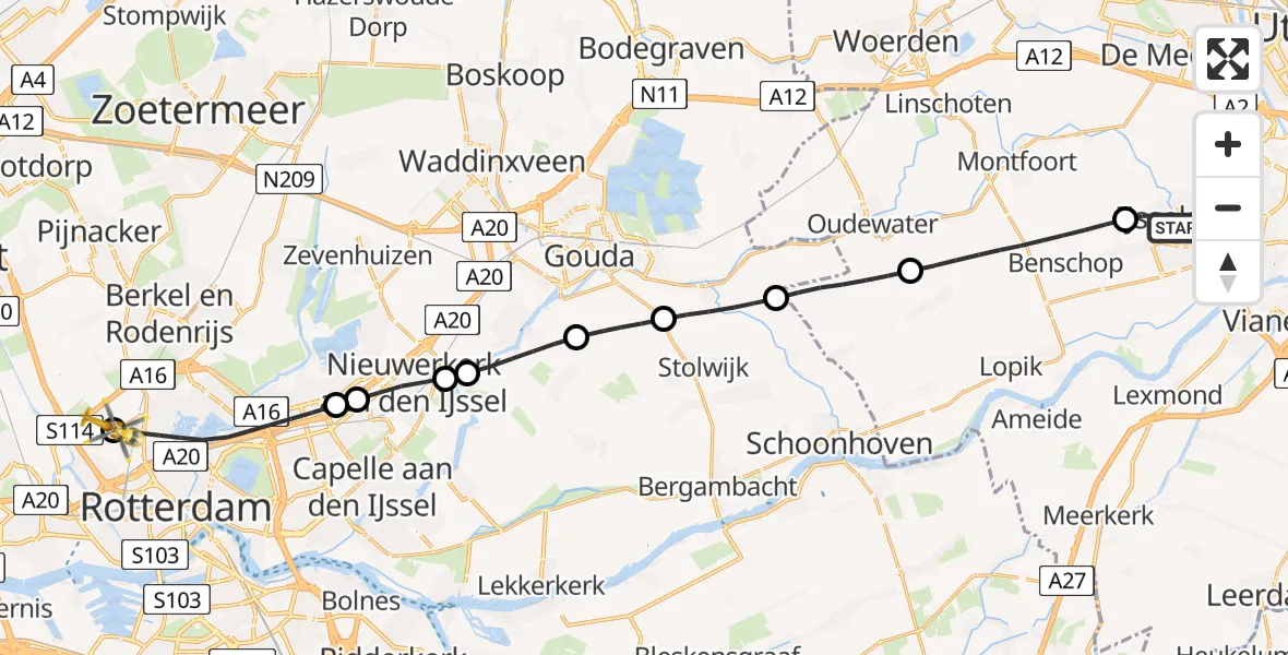 Vluchtroute Traumahelikopter IJsselstein - Rotterdam The Hague Airport, 31 mei 2026, 13:33