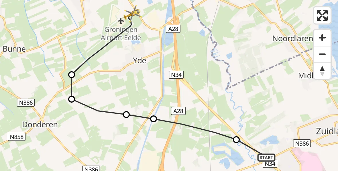 Vluchtroute Traumahelikopter Zuidlaren - Groningen Airport Eelde, 31 mei 2026, 13:46