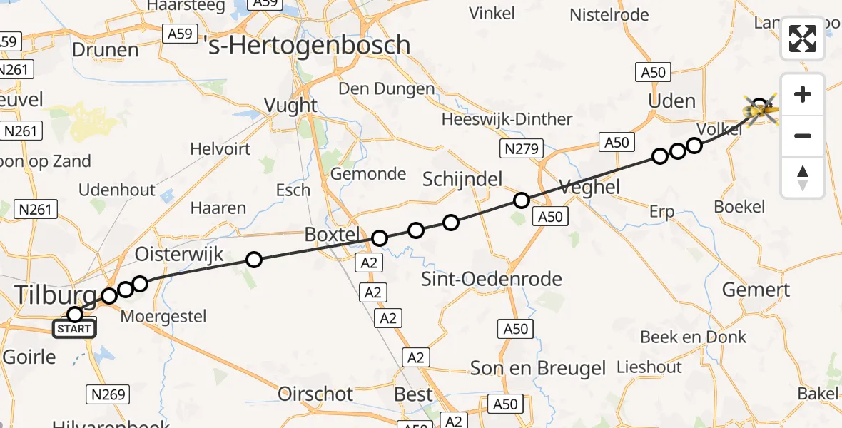 Vluchtroute Traumahelikopter St. Elisabeth Hospital Heliport - Vliegbasis Volkel, 31 mei 2026, 15:49