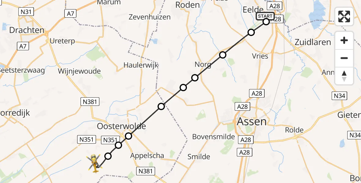 Vluchtroute Traumahelikopter Groningen Airport Eelde - Elsloo, 31 mei 2026, 18:27