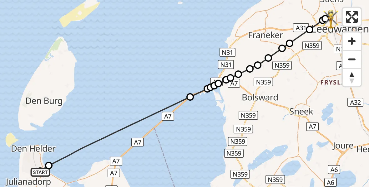 Vluchtroute Ambulancehelikopter Den Helder - Vliegbasis Leeuwarden, 31 mei 2026, 20:07