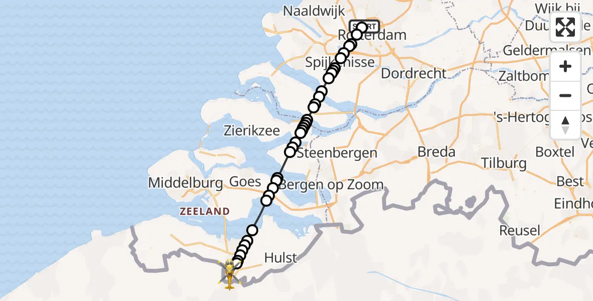 Vluchtroute Traumahelikopter Rotterdam The Hague Airport - Westdorpe, 31 mei 2026, 20:16