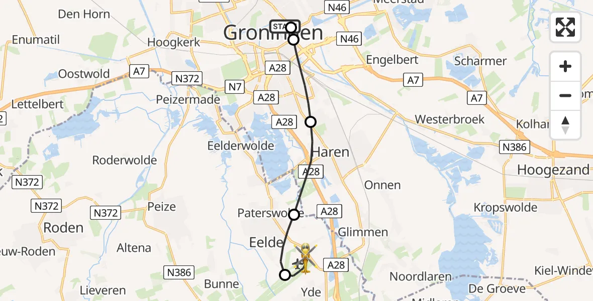 Vluchtroute Traumahelikopter Universitair Medisch Centrum Groningen - Groningen Airport Eelde, 31 mei 2026, 20:17
