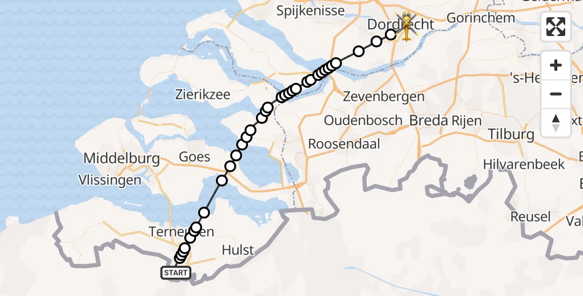 Vluchtroute Traumahelikopter Westdorpe - Dordrecht, 31 mei 2026, 21:16