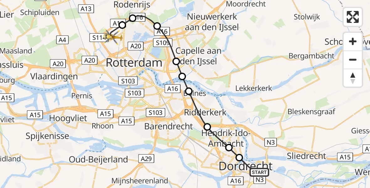 Vluchtroute Traumahelikopter Dordrecht - Rotterdam The Hague Airport, 31 mei 2026, 22:08