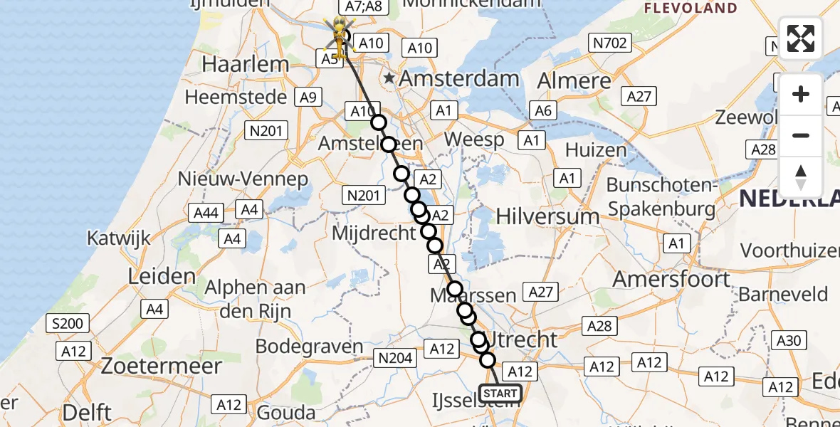 Vluchtroute Traumahelikopter Nieuwegein - Amsterdam Heliport, 01 juni 2026, 01:12