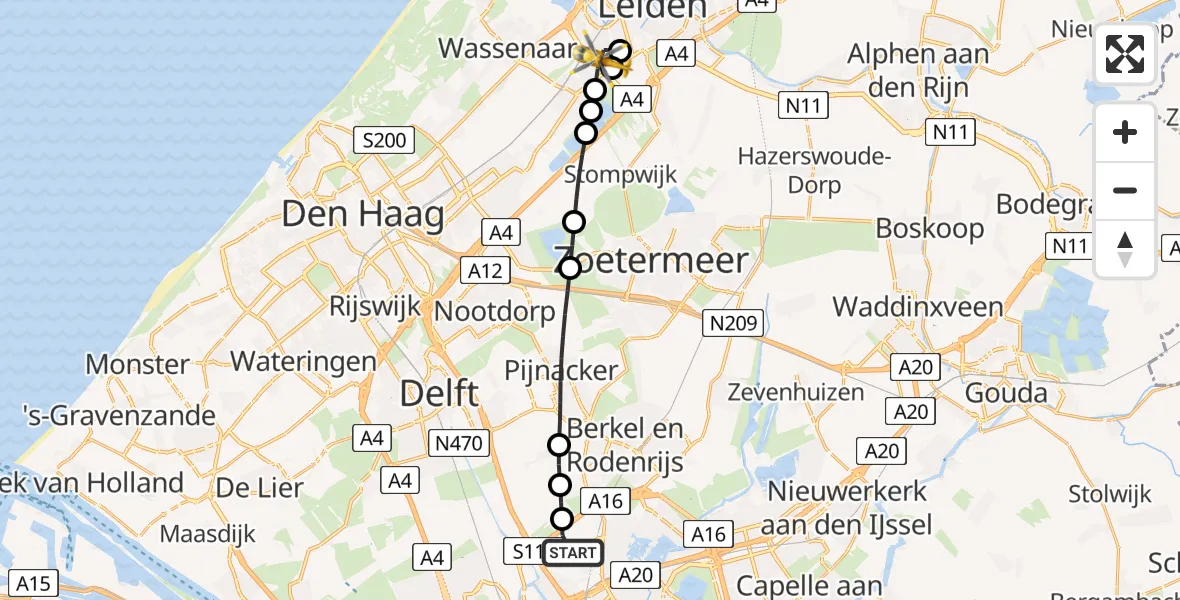 Vluchtroute Traumahelikopter Rotterdam The Hague Airport - Voorschoten, 01 juni 2026, 02:53