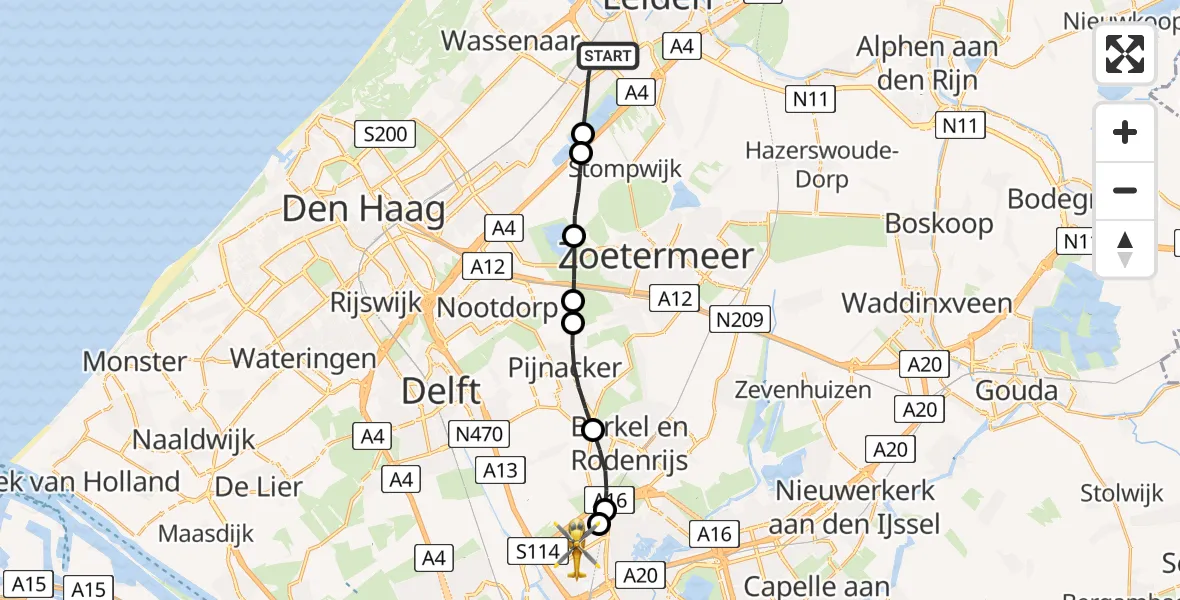 Vluchtroute Traumahelikopter Voorschoten - Rotterdam The Hague Airport, 01 juni 2026, 03:16