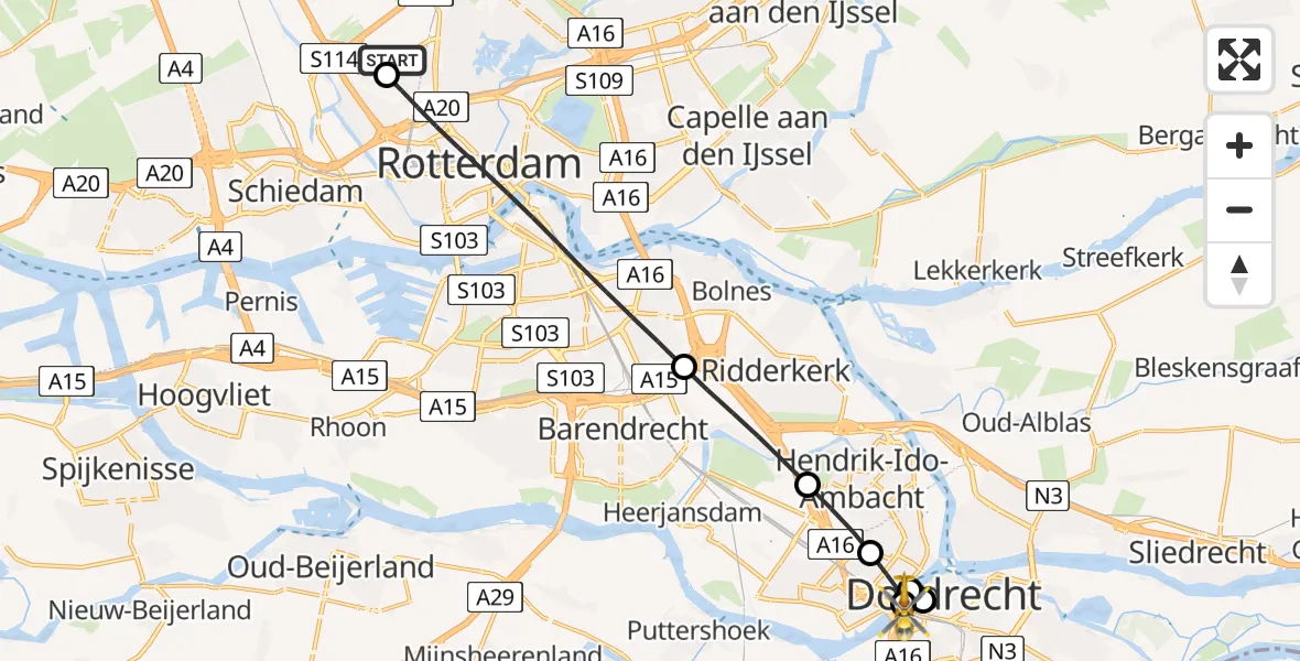 Vluchtroute Traumahelikopter Rotterdam The Hague Airport - Dordrecht, 01 juni 2026, 04:10