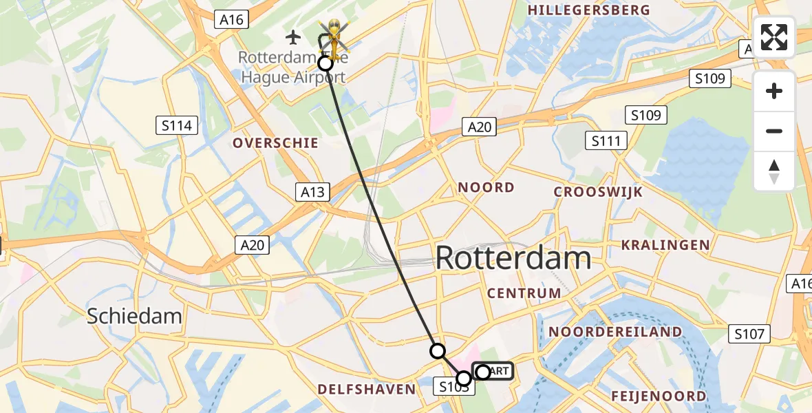 Vluchtroute Traumahelikopter Leids Universitair Medisch Centrum (LUMC) - Rotterdam The Hague Airport, 01 juni 2026, 05:16