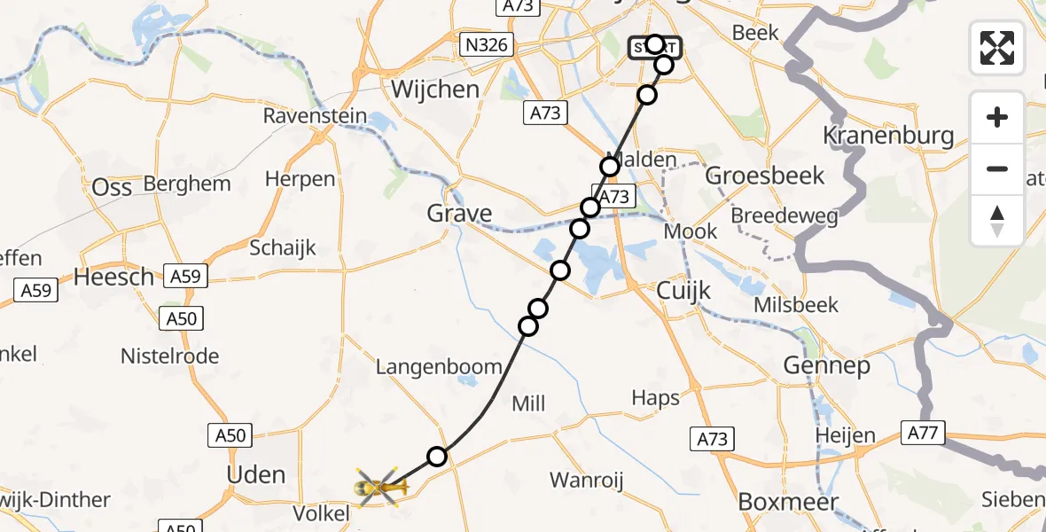 Vluchtroute Traumahelikopter Radboud Universitair Medisch Centrum - Vliegbasis Volkel, 01 juni 2026, 08:58