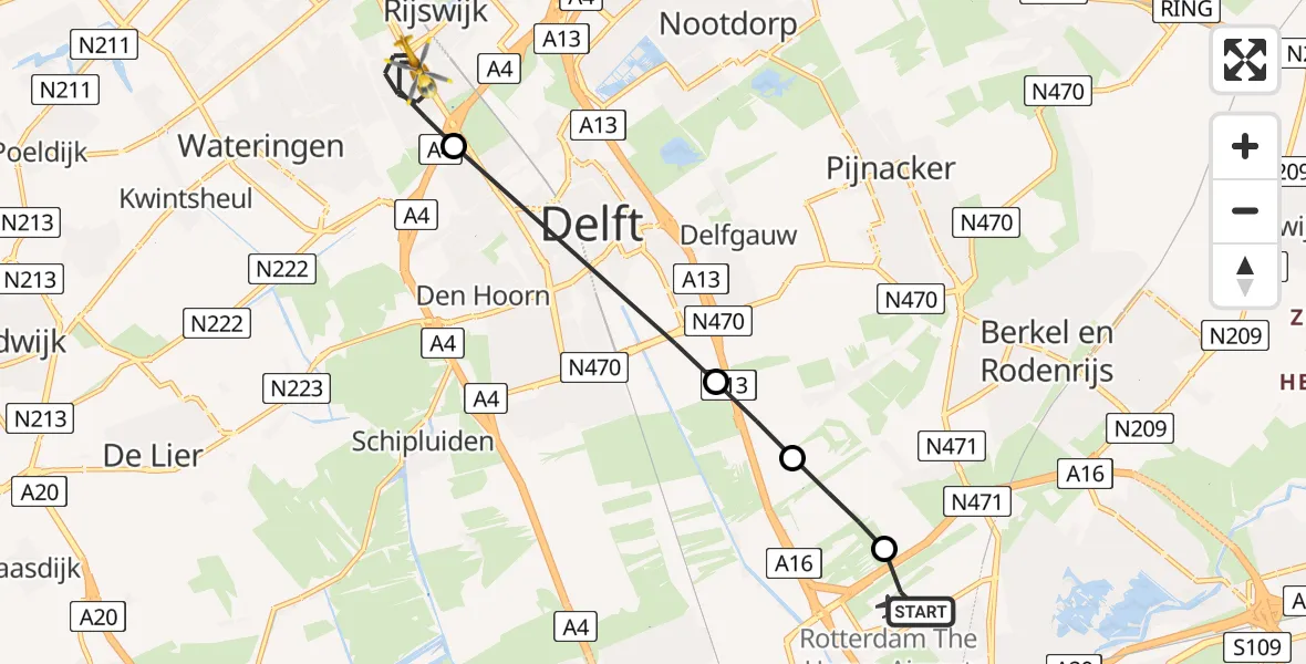 Vluchtroute Traumahelikopter Rotterdam The Hague Airport - Rijswijk, 01 juni 2026, 09:47