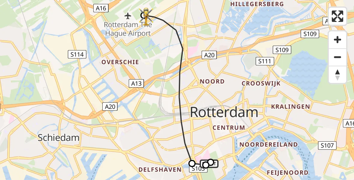 Vluchtroute Traumahelikopter Leids Universitair Medisch Centrum (LUMC) - Rotterdam The Hague Airport, 01 juni 2026, 12:29