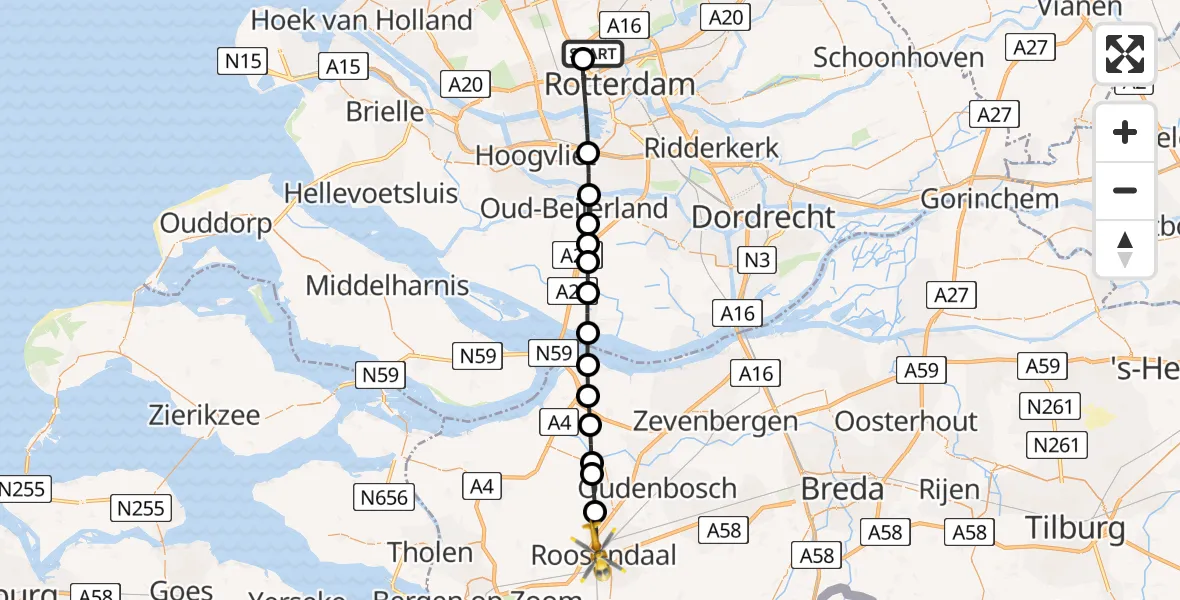 Vluchtroute Traumahelikopter Rotterdam The Hague Airport - Roosendaal, 01 juni 2026, 13:04