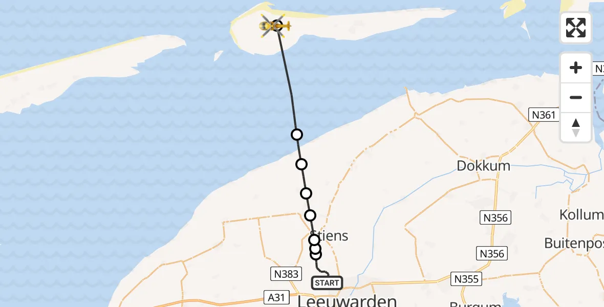 Vluchtroute Ambulancehelikopter Vliegbasis Leeuwarden - Ameland Vliegveld Ballum, 01 juni 2026, 13:24