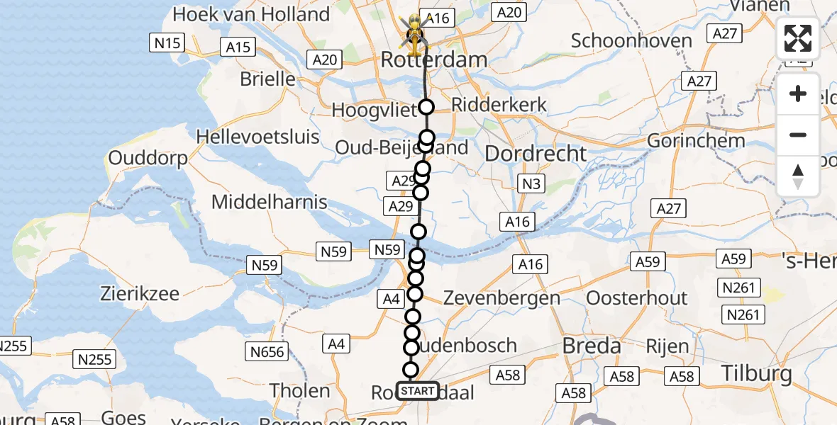 Vluchtroute Traumahelikopter Roosendaal - Rotterdam The Hague Airport, 01 juni 2026, 13:42