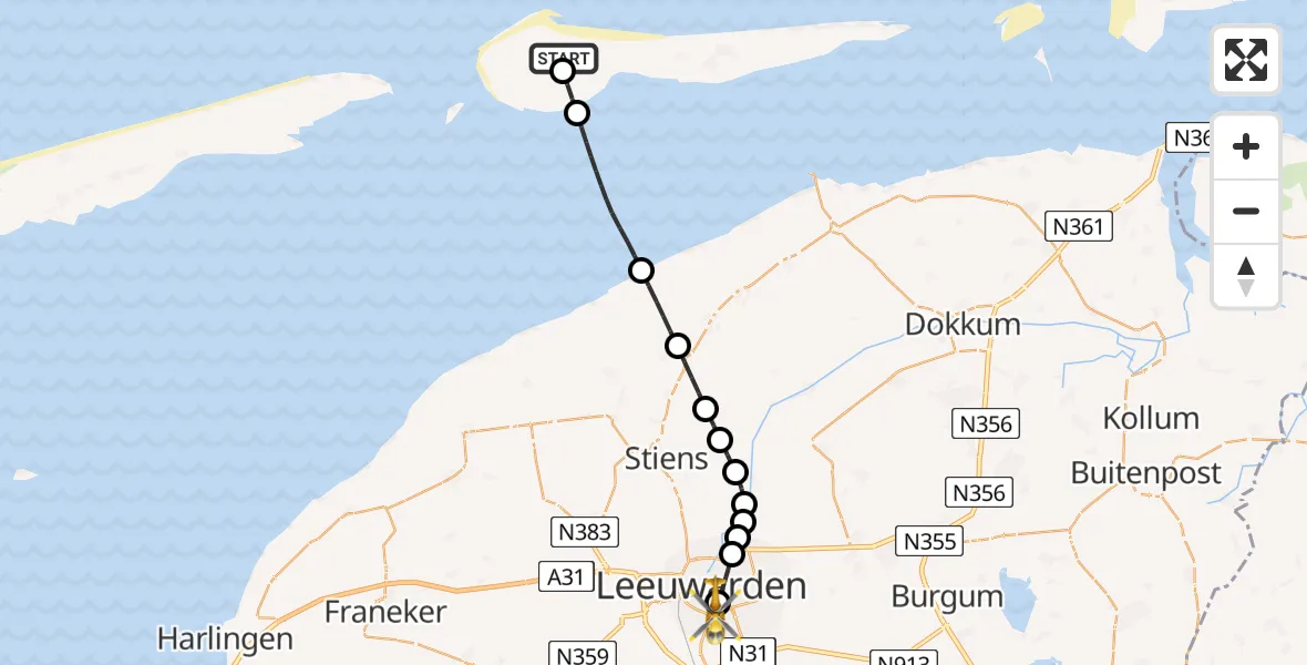 Vluchtroute Ambulancehelikopter Ameland Vliegveld Ballum - Leeuwarden Medical Center Heliport, 01 juni 2026, 13:52